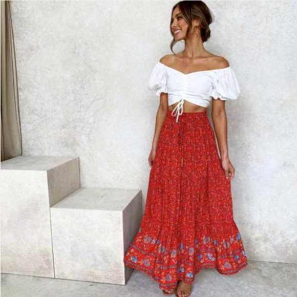 Dresses & Skirts - Boho Red gypsy floral print ruffle Maxi Skirt